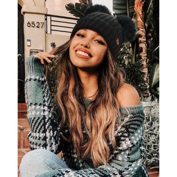 Double Pom Pom Beanie for Women Girls Warm Fleece Lined Knit Black Winter Hat - Picture 4 of 8